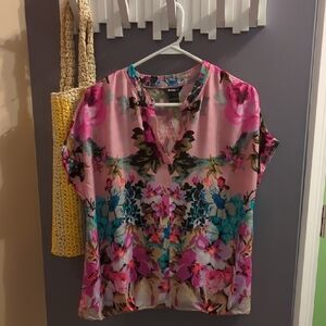 Desigual Pink and Blue V-Neck Blouse with cuffed sleeves